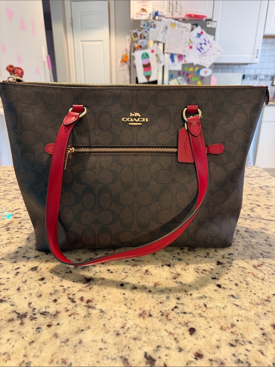 Coach Handbags - COACH Signature Tote with Red Leather Trim